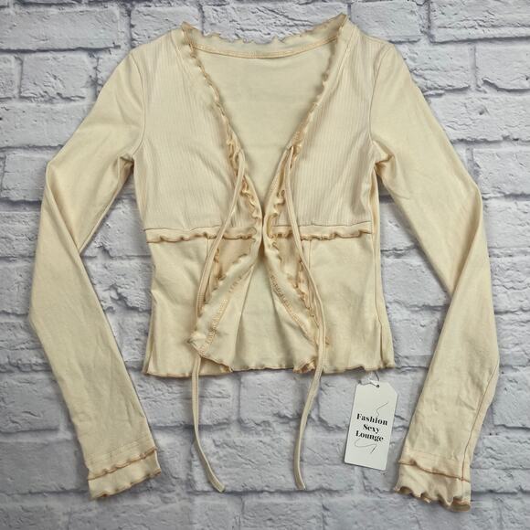 J1567 Ruffle Front Tie Cream Cardigan Size Small - Picture 1 of 7